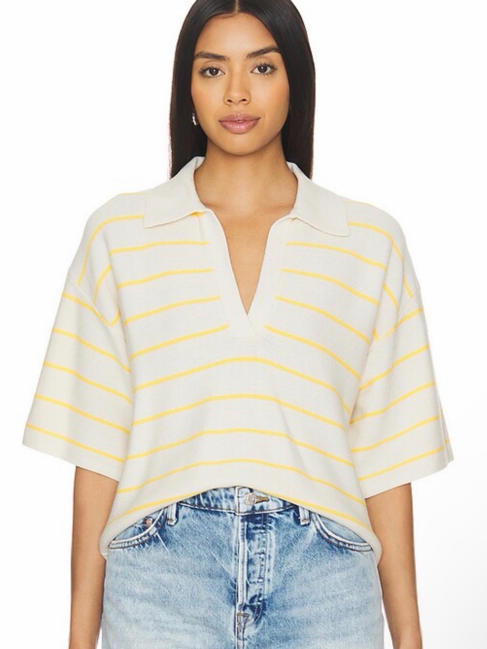 Pistola Cream & Yellow Striped Collared V-Neck Crop Top
